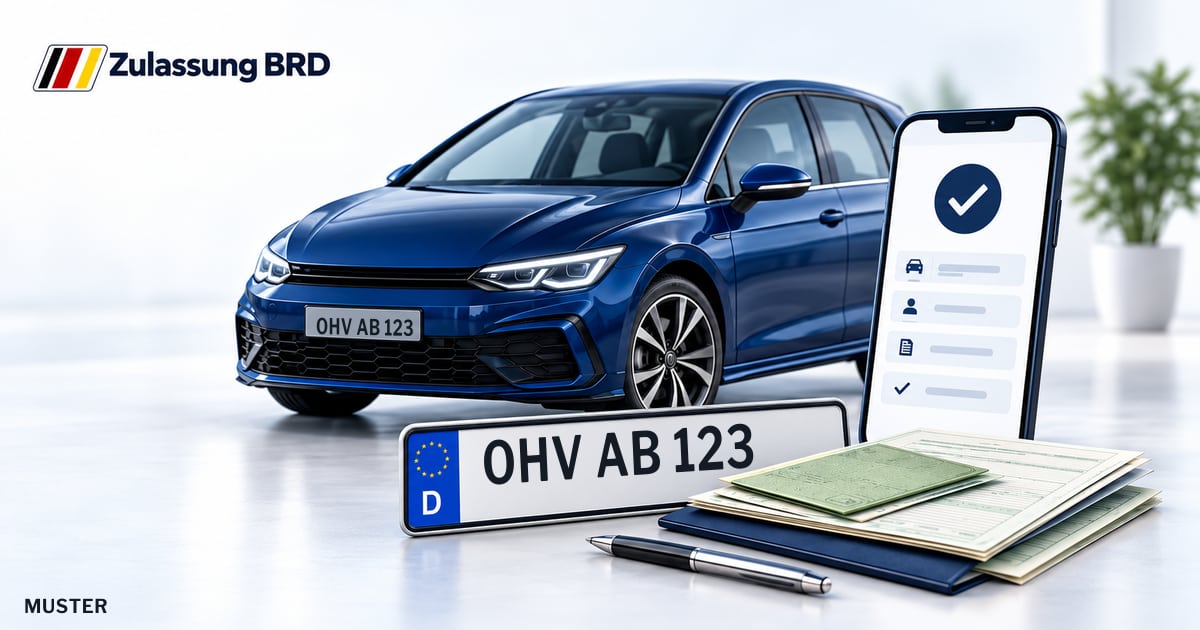 Online Fahrzeugzulassung in Oberkrämer: Musterkennzeichen OHV AB 123, Auto und Fahrzeugpapiere und Smartphone. Illustration mit Logo von Zulassung BRD.